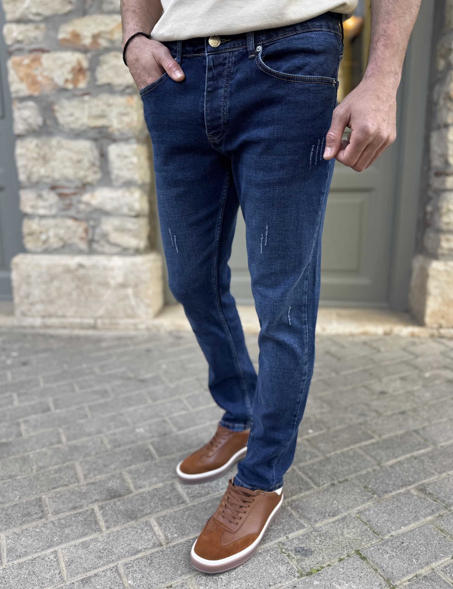 Ανδρικό μπλε τζιν παντελόνι με φθορές Slim Fit 51092 φωτογραφία